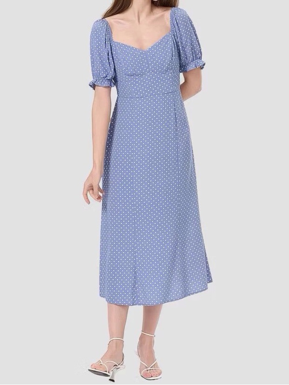 Sweetheart Neck Puff-Sleeve Blue Polka Dot Midi Dress